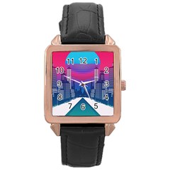 Retro Cityscape Artist Artwork Digital Art Rose Gold Leather Watch  by Salman4z