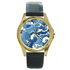 Waves Aesthetics Illustration Japanese Round Gold Metal Watch