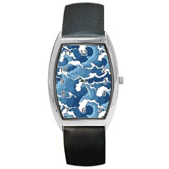 Waves Aesthetics Illustration Japanese Barrel Style Metal Watch