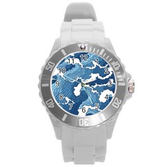 Waves Aesthetics Illustration Japanese Round Plastic Sport Watch (L)