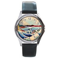 Wave Japanese Mount Fuji Woodblock Print Ocean Round Metal Watch