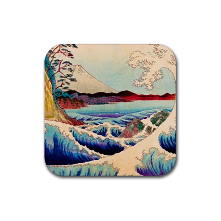 Wave Japanese Mount Fuji Woodblock Print Ocean Rubber Coaster (Square)