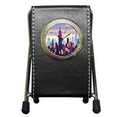 New York Skyline Cityscape Nyc New York City Landmark Pen Holder Desk Clock