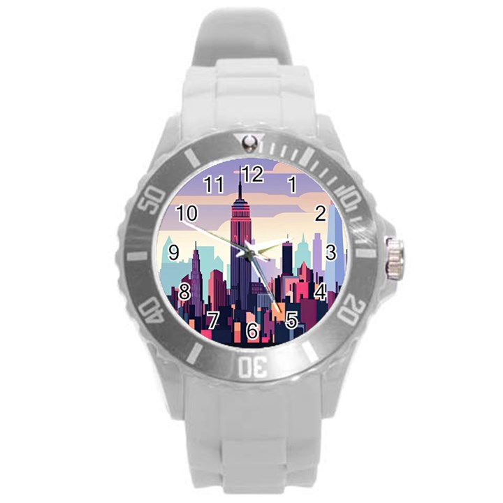 New York Skyline Cityscape Nyc New York City Landmark Round Plastic Sport Watch (L)