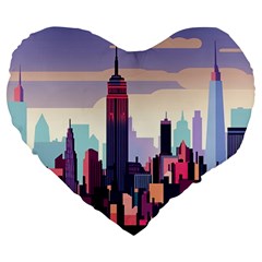 New York Skyline Cityscape Nyc New York City Landmark Large 19  Premium Flano Heart Shape Cushions by Jancukart