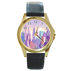 New York Skyline Cityscape Nyc New York City Round Gold Metal Watch