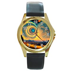 Surrealist Fantasy Dream Moon Space Round Gold Metal Watch