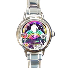 Rainbow Fun Cute Minimal Doodle Drawing Art Round Italian Charm Watch by Jancukart