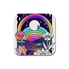 Rainbow Fun Cute Minimal Doodle Drawing Art Rubber Square Coaster (4 Pack)