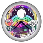 Rainbow Fun Cute Minimal Doodle Drawing Art Wall Clock (Silver) Front