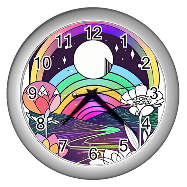 Rainbow Fun Cute Minimal Doodle Drawing Art Wall Clock (Silver)