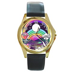 Rainbow Fun Cute Minimal Doodle Drawing Art Round Gold Metal Watch by Jancukart