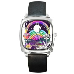 Rainbow Fun Cute Minimal Doodle Drawing Art Square Metal Watch