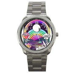 Rainbow Fun Cute Minimal Doodle Drawing Art Sport Metal Watch