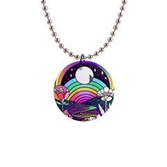 Rainbow Fun Cute Minimal Doodle Drawing Art 1  Button Necklace