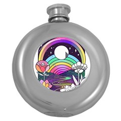 Rainbow Fun Cute Minimal Doodle Drawing Art Round Hip Flask (5 Oz) by Jancukart