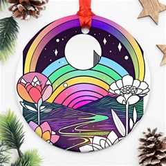 Rainbow Fun Cute Minimal Doodle Drawing Art Round Ornament (two Sides)