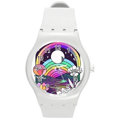 Rainbow Fun Cute Minimal Doodle Drawing Art Round Plastic Sport Watch (m)