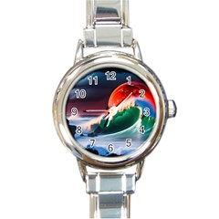 Sea Ocean Waves Rocks Sunset Artwork Round Italian Charm Watch by Jancukart