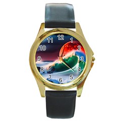 Sea Ocean Waves Rocks Sunset Artwork Round Gold Metal Watch by Jancukart