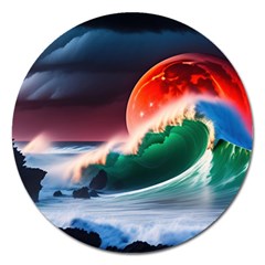 Sea Ocean Waves Rocks Sunset Artwork Magnet 5  (round) by Jancukart