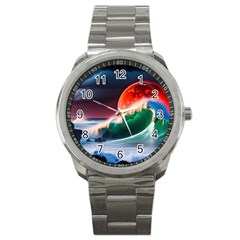 Sea Ocean Waves Rocks Sunset Artwork Sport Metal Watch by Jancukart