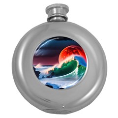 Sea Ocean Waves Rocks Sunset Artwork Round Hip Flask (5 Oz) by Jancukart