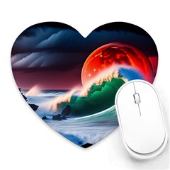 Sea Ocean Waves Rocks Sunset Artwork Heart Mousepad by Jancukart