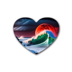 Sea Ocean Waves Rocks Sunset Artwork Rubber Coaster (heart) by Jancukart