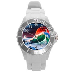 Sea Ocean Waves Rocks Sunset Artwork Round Plastic Sport Watch (l) by Jancukart