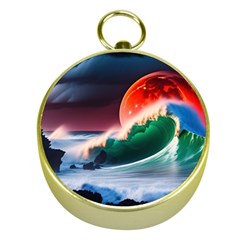 Sea Ocean Waves Rocks Sunset Artwork Gold Compasses