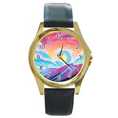 Waves Ocean Sea Tsunami Nautical 9 Round Gold Metal Watch by Jancukart