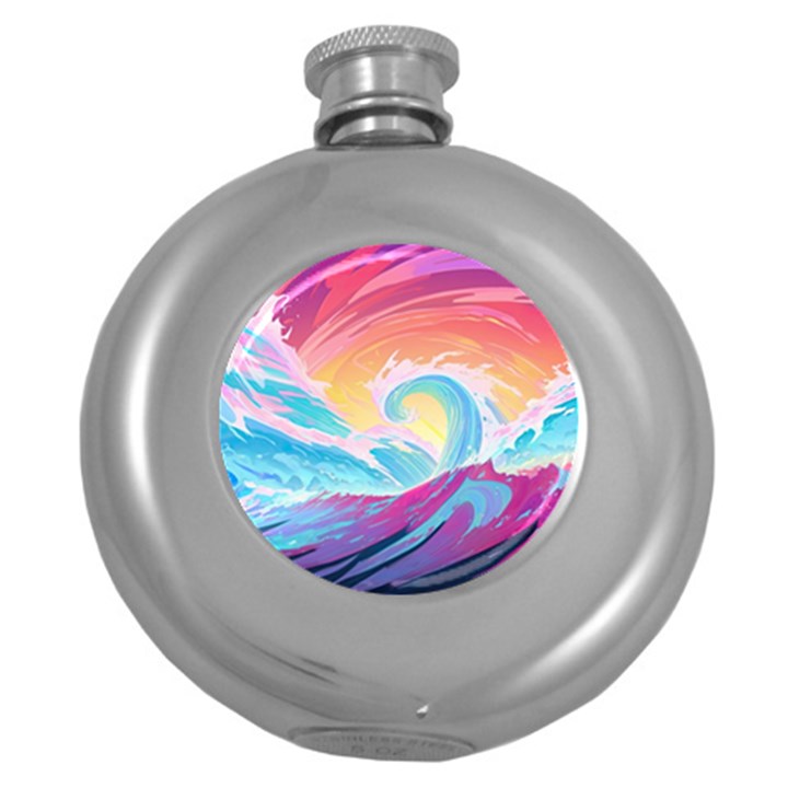 Waves Ocean Sea Tsunami Nautical 9 Round Hip Flask (5 oz)