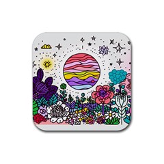 Rainbow Fun Cute Minimal Doodle Drawing Rubber Coaster (square)