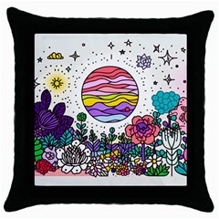 Rainbow Fun Cute Minimal Doodle Drawing Throw Pillow Case (black)