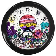 Rainbow Fun Cute Minimal Doodle Drawing Wall Clock (black)