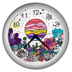 Rainbow Fun Cute Minimal Doodle Drawing Wall Clock (silver) by Jancukart