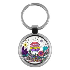 Rainbow Fun Cute Minimal Doodle Drawing Key Chain (round) by Jancukart