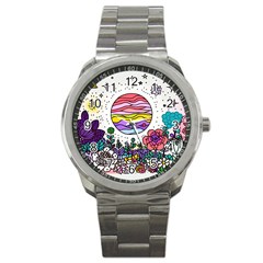 Rainbow Fun Cute Minimal Doodle Drawing Sport Metal Watch