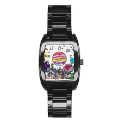 Rainbow Fun Cute Minimal Doodle Drawing Stainless Steel Barrel Watch