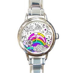 Rainbow Fun Cute Minimal Doodle Drawing 3 Round Italian Charm Watch