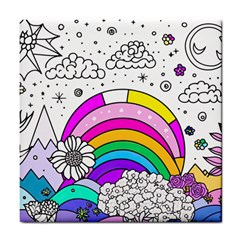 Rainbow Fun Cute Minimal Doodle Drawing 3 Tile Coaster by Jancukart