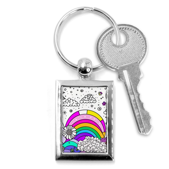 Rainbow Fun Cute Minimal Doodle Drawing 3 Key Chain (Rectangle)