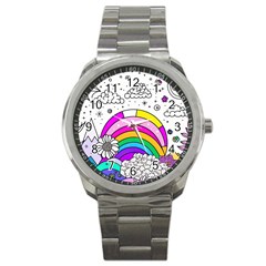 Rainbow Fun Cute Minimal Doodle Drawing 3 Sport Metal Watch