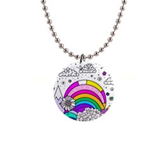 Rainbow Fun Cute Minimal Doodle Drawing 3 1  Button Necklace