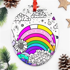 Rainbow Fun Cute Minimal Doodle Drawing 3 Ornament (oval Filigree)