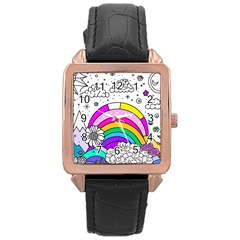 Rainbow Fun Cute Minimal Doodle Drawing 3 Rose Gold Leather Watch 