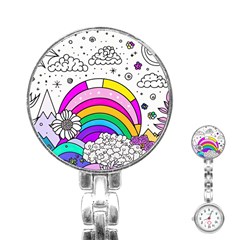 Rainbow Fun Cute Minimal Doodle Drawing 3 Stainless Steel Nurses Watch