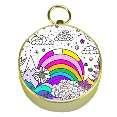 Rainbow Fun Cute Minimal Doodle Drawing 3 Gold Compasses