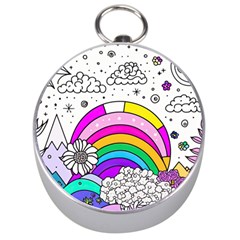 Rainbow Fun Cute Minimal Doodle Drawing 3 Silver Compasses by Jancukart